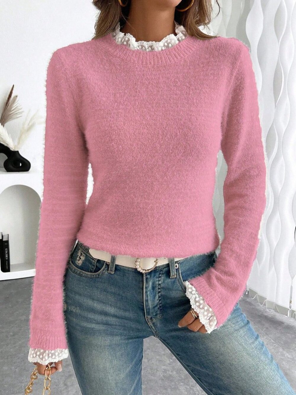 Pink Casual Women's Stand Collar Slim Fit Pullovers - Picture 1 of 6
